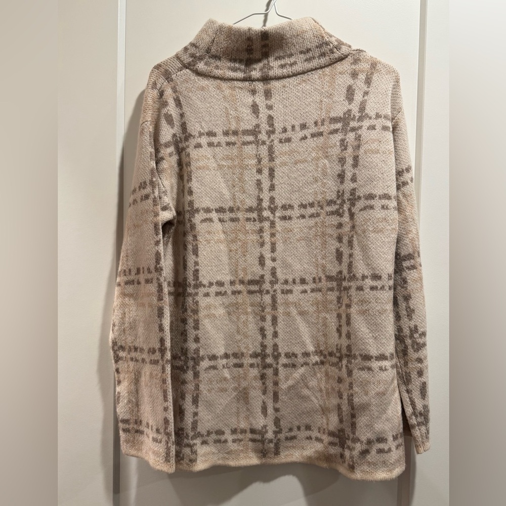 Hannah Rose Plaid Turtleneck Sweater Cream & Brown Merino Wool & Cashmere SizeM - Picture 2 of 7